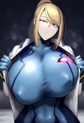 ai_generated big_breasts big_nipples breasts bursting_breasts expressionless gigantic_breasts gloopai looking_at_viewer metroid nai_diffusion nipple_bulge nipples samus_aran steam steaming_body sweat uninterested zero_suit_samus rating:Explicit score:95 user:dontlao3