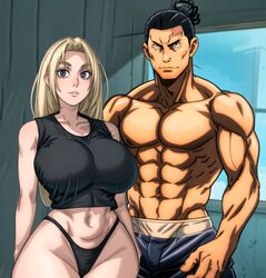 1boy 1girls abs age_difference ai_assisted ai_generated aoi_todo black_panties black_thong black_topwear blonde_hair curvy_female female gardener_ai grey_eyes highleg_panties hourglass_figure jujutsu_kaisen large_breasts long_hair male muscular_male no_pants panties shorts skimpy stable_diffusion tank_top teacher_and_student thick_thighs thong tight_clothing wide_hips yuki_tsukumo rating:Questionable score:53 user:gordon9