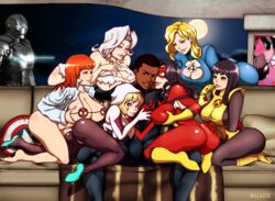 2boys 6girls all_fours armor_(x-men) ass ass_grab barefoot bikini black_hair black_male blonde_hair blue_eyes bodysuit boots breasts cleavage cleavage_cutout cutout dark-skinned_male dark_skin dress fantastic_four gloves gwen_stacy hairband hand_on_ass harem headband hips jessica_drew legs light-skinned_female long_hair marvel mary_jane_watson mask mask_removed miles_morales multiple_girls salaiix short_hair sideboob silver_sable spider-man_(series) spider-woman spread_legs sue_storm swimsuit thighhighs thighs toes torn_clothes villain war_machine white_hair x-men rating:Questionable score:290 user:Bart