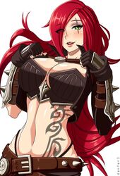 1girls 5_fingers armor asymmetrical_bangs bangs belly belly_button belt big_breasts blush blushing blushing_at_viewer breasts cleavage danfer3 female female_focus female_only fingerless_gloves fit fit_female gloves green_eyes hi_res highres katarina_du_couteau league_of_legends light-skinned_female light_skin lips lipstick long_hair looking_at_viewer muscular muscular_female open_mouth red_hair scar scar_across_eye shirt_lift signature simple_background smile smiling smiling_at_viewer solo solo_female solo_focus tattoo v_string_bikini white_background rating:Explicit score:158 user:WimpyTrainer