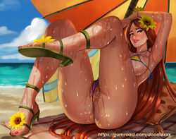 beach beach_towel beach_umbrella bikini breasts brown_hair cameltoe cleavage ecoas female female_only flower g-string green_eyes hair_flower hair_ornament large_breasts league_of_legends leona_(league_of_legends) looking_at_viewer makeup mascara micro_bikini ocean pool_party_leona pool_party_series possible_duplicate pubic_hair sandle solo sunflower swimsuit vagina wet rating:Explicit score:167 user:justausername