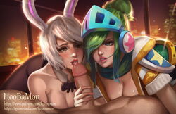 1boy 2girls apartment arcade_riven arcade_series armor armour artist_name ass battle_bunny_riven blue_eyes bow_tie breasts brown_eyes bunny_ears bunny_girl fellatio female green_hair hair_bun handjob headphones helmet helmet_headphones hips hoobamon league_of_legends legs legwear licking long_hair male multiple_girls oral oral_sex pantyhose penis precum riven short_hair silver_hair straight thighs tied_hair tongue tongue_out watermark web_address white_hair rating:Explicit score:115 user:Bart