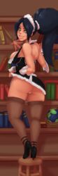 black_hair breasts breasts_out fangs forehead_jewel french_maid green_eyes grin heels highheels league_of_legends looking_at_viewer mrpotatoparty nidalee nipples ponytail thighhighs rating:Explicit score:71 user:redfts