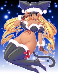 animal_ears breasts brown_eyes cat_ears cat_tail catgirl christmas cute dark_skin kenix large_breasts original pussy red_eyes santa straight_hair thighhighs uncensored rating:Explicit score:9 user:bot