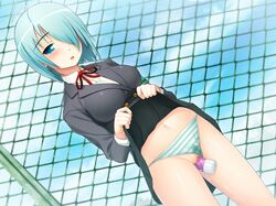 blue_eyes blue_hair blush breasts censored clothed_masturbation clothing discreet_vibrator exhibitionism female game_cg hair_over_one_eyes kusakabe_amaho large_breasts masturbation navel nitroplus panties panty_pull public_vibrator pussy pussy_juice rooftop school_uniform short_hair skirt skirt_lift solo striped striped_panties sumaga tsuji_santa underwear vibrator wet_panties rating:Explicit score:48 user:bot