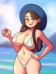 1girls alternate_breast_size bag bare_shoulders big_breasts bikini blush breasts brown_hair casual cleavage creatures_(company) female game_freak hand_on_hip hat headwear human juliana_(pokemon) large_breasts looking_at_viewer micro_bikini navel nintendo ocean open_mouth open_smile outdoors outside pale_skin pokeball pokemon pokemon_sv sea seaside side_braid smile solo solo_female swimwear vexypop yellow_eyes rating:Questionable score:145 user:Lunacy