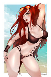 bikini female glasses katarina_du_couteau league_of_legends red_hair solo tattoo velvetqueenh rating:Explicit score:103 user:metalizer