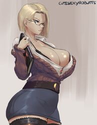 1girls 2d android_18 artist_name blonde_hair blue_eyes bursting_breasts cameltoe cleavage cleavage_overflow curvy cutesexyrobutts dragon_ball erect_nipples female glasses huge_areolae huge_ass large_breasts pencil_skirt puffy_nipples short_hair thick_lips thick_thighs thighhighs voluptuous watermark wide_hips rating:Questionable score:459 user:pathogen