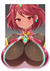 1girls 3d_illusion anime_style bangs blush border breasts busty closed_mouth earrings female female_only glowing gradient gradient_background grey_background half-closed_eyes head_tilt highres homura_(xenoblade_2) huge_breasts jewelry konno_tohiro looking_at_viewer nintendo outside_border pop_out pyra red_eyes red_hair shadow shiny shiny_clothes short_hair skin_tight smile solo swept_bangs tiara turtleneck upper_body white_background xenoblade_(series) xenoblade_chronicles_2 rating:Explicit score:362 user:aliteralgorilla