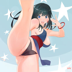 ass black_hair blue_eyes blush bracelet breasts chichi cleavage covered_nipples dragon_ball earrings female high_kick jewelry kicking looking_at_viewer necklace one_leg_raised open_mouth pink_crown pubic_hair pubic_hair_peek pussy_juice shounen_jump sideboob sleeveless solo teeth rating:Questionable score:116 user:masternoobcake