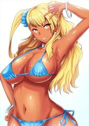 1girls armpits big_breasts bikini blonde_hair blue_bikini bracelet breasts cleavage dark_skin earrings female female_only galko gyaru hand_on_hip highres huge_breasts jewelry kawa_batayoshi kuro_gyaru large_breasts lipstick makeup nail_polish oshiete!_galko-chan swimsuit tan underboob w yellow_eyes rating:Questionable score:137 user:BB7