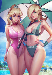 2girls beach bikini blonde_hair blue_bikini blue_eyes bracelet breasts choker cleavage clouds crown day duo earrings female female_only hair_over_one_eye hand_on_hip holding_umbrella human large_breasts long_hair looking_at_viewer mario_(series) mario_kart midriff multiple_girls navel nintendo one-piece_swimsuit open_mouth outside phamoz pink_one-piece_swimsuit ponytail princess_peach princess_rosalina race_queen sky star_earrings swimsuit thighs umbrella water rating:Safe score:261 user:Freezer88