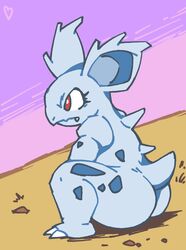  2024 ass desert digital_media_(artwork) female feral generation_1_pokemon heart_symbol heartear18 horizon nidorina nintendo nude pokemon pokemon_(species) purple_sky red_eyes savanna side_view sitting sky solo tail  rating:questionable score: user:bot