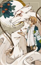  2024 book bottomwear brown_bottomwear brown_clothing brown_eyes brown_hair brown_pants canid canine clothed clothing colored duo facial_markings fox fur hair head_markings hi_res holding_book holding_object human madara_(natsume_yuujinchou) mammal markings na nanataroo_7 natsume's_book_of_friends pants shirt takashi_natsume topwear white_body white_clothing white_fur white_shirt white_topwear  rating:safe score: user:bot