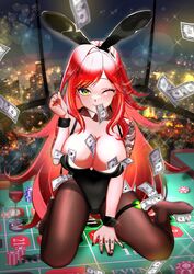  akimoto8 alcohol animal_ears black_leotard black_nails black_wrist_cuffs blonde_hair breasts city_lights cityscape commission covered_navel cup drinking_glass elly_(vtuber) fake_animal_ears female finger_tattoo green_eyes highres indie_virtual_youtuber kneeling large_breasts leotard long_hair money money_between_breasts mouth_hold multicolored_hair one_eye_closed pantyhose playboy_bunny poker_chip red_hair red_wine roulette_table skeb_commission solo sparkle streaked_hair table tattoo tucked_money very_long_hair virtual_youtuber window wine wine_glass wrist_cuffs  rating:safe score: user:bot