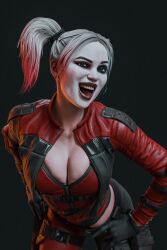  1girls 3d blue_eyes cgserpent cleavage clothed daz_studio harley_quinn harley_quinn_(injustice) injustice_2 leather light-skinned_female makeup video_games white_hair  rating:questionable score: user:bot