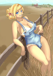 1girls bare_shoulders bimbo blonde_hair blue_eyes breasts busty cameltoe character_request cleavage copyright_request curly_hair farm farmer farmgirl freckles hair large_breasts leaning majalis naked_overalls no_bra overalls pointing ribbon sideboob smile solo tanline voluptuous wheat rating:Questionable score:181 user:capdonk