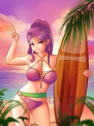  alternate_costume beach bikini breasts female fire_emblem fire_emblem:_three_houses jackarydraws long_hair medium_breasts non-web_source ocean outdoors petra_macneary ponytail purple_bikini purple_eyes purple_hair smile solo sunset surfboard swimsuit v  rating:safe score: user:bot