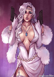 1girls areola blue_eyes breasts cleavage covering_nipples curvy dress eyeshadow female female_only garter_straps gauntlets guns hourglass_figure huge_breasts kachima lipstick makeup marvel marvel_comics no_bra silver_dress silver_hair silver_sable silver_sablinova skirt spider-man_(series) weapon rating:Questionable score:188 user:theblackfox51