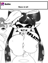 1boy 1girls 2girls big_breasts blush breast_expansion breasts callie_(splatoon) cum cum_on_breasts disembodied_penis english_text female huge_breasts kazuya_zoey marie_(splatoon) nintendo nipple_bulge outercourse paizuri perpendicular_paizuri simple_background splatoon squid_sisters rating:Explicit score:138 user:CursedImages