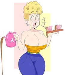 2018 blonde_hair canonical_scene closed_eyes dragon_ball dragon_ball_z earrings holding_kettle holding_tray hourglass_figure huge_breasts jinu lipstick milf open_mouth open_smile panchy panchy_(dragon_ball) panchy_briefs pink_lipstick serving_tray tea_kettle teacup thick_thighs rating:Questionable score:186 user:CPO