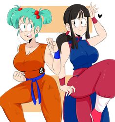 2girls big_breasts bulma_briefs chichi china_dress dougi dragon_ball female female_only jinu milf teenager thick thick_thighs voluptuous wide_hips rating:Safe score:91 user:CPO