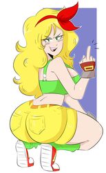 1girls ass bad_launch big_ass blonde_hair dat_ass dragon_ball female female_only green_eyes huge_ass huge_breasts jinu launch leg_warmers lunch_(dragon_ball) middle_finger shortshorts solo thick thick_thighs voluptuous wide_hips rating:Questionable score:226 user:CPO