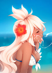 1girls absurdres ahoge bikini blush breasts cleavage closed_eyes commentary cum cum_in_mouth cum_on_body cum_on_breasts cum_on_hair cum_on_upper_body dark-skinned_female dark_skin facial female female_focus flower granblue_fantasy hair_flower hair_ornament highres kerasu long_hair medium_breasts open_mouth patreon_reward platinum_blonde_hair ricegnat sweat swimsuit the_order_grande tongue tongue_out wet white_bikini white_hair rating:Explicit score:214 user:bot