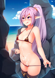 1girls beach bikini breasts cum cum_on_body elf elf_ears female female_only kaleina_(ricegnat) kerasu licking_lips outside pointy_ears pubic_hair public_use purple_eyes purple_hair ricegnat sex_on_the_beach small_breasts solo strip_tease swimsuit tattoo thighhighs tongue_out rating:Explicit score:379 user:bot