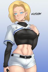 1girls abs android android_18 baseball_bat baseball_uniform big_breasts blonde_hair blue_eyes breasts dragon_ball dragon_ball_z earrings erect_nipples_under_clothes female female_only flytrapxx fully_clothed light-skinned_female light_skin looking_at_viewer navel nipples nipples_visible_through_clothing no_bra see-through short shorts smile solo thick_thighs rating:Safe score:221 user:Ugabuga