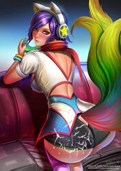 after_sex ahri arcade_ahri arcade_series badcompzero cat_ear_headphones fox headphones league_of_legends purple_eyes purple_hair rating:Explicit score:89 user:La_weai_qlia