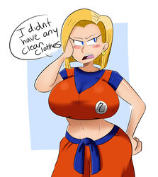 1girls android_18 big_breasts blonde_hair blue_eyes dragon_ball female female_only fully_clothed jinu large_breasts solo thick thick_thighs voluptuous wide_hips rating:Safe score:159 user:CPO