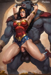  1female 1male ai_generated animal_genitalia animal_penis dc_comics diana_prince humiliation minotaur philon raped sex_slave vaginal_penetration wonder_woman  rating:explicit score: user:bot