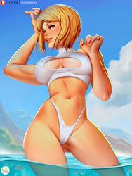 artist_name bikini blonde_hair blush breasts cameltoe cleavage_cutout clouds cowboy_shot curvy dc didi_esmeralda eyelashes female female_only front_view highleg highres human justice_league large_breasts navel partially_submerged power_girl short_hair signature smile solo standing white_bikini rating:Questionable score:191 user:Freezer88