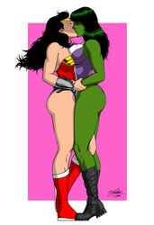 2015 2girls arm arms bare_arms bare_legs bare_shoulders between_legs black_hair boots bracelet bracer breast_press breasts cleavage closed_eyes crossover dc dc_comics female female_only full_body gloves green_hair green_skin grey_boots grey_gloves hug hulk_(series) kaywest kissing large_breasts legs leotard lesbian long_hair marvel marvel_comics mutual_yuri red_boots romantic she-hulk sleeveless sleeveless_leotard standing strapless strapless_leotard symmetrical_docking tiara wonder_woman wonder_woman_(series) yuri rating:Questionable score:145 user:Mikaho