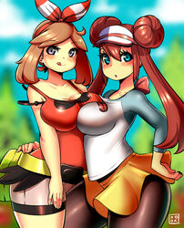 2girls black_leggings blue_eyes blush breasts_to_breasts brown_hair double_bun eye_contact female female_only human human_only kenron_toqueen large_breasts leggings long_hair looking_at_viewer may_(pokemon) may_(pokemon_oras) medium_hair nintendo pokemon pokemon_bw2 pokemon_oras rosa_(pokemon) shorts skirt source_request thick_thighs thighs twintails wide_hips rating:Questionable score:121 user:Ugabuga