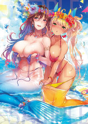 2girls areola_slip areolae bangs bikini blonde_hair blue_flower blue_legwear blush breasts brown_hair cleavage collarbone day eyebrows_visible_through_hair female_only flower flower_wreath green_eyes hair_between_eyes hibiscus highleg highleg_bikini highres hips kneeling large_breasts licking_lips long_hair looking_at_viewer mermaid_suit multiple_girls nail_polish ocean original outdoors pantyhose parted_lips purple_bikini purple_eyes pyon-kichi red_flower sample sitting starfish swimsuit thighs tongue tongue_out twintails wavy_hair yellow_legwear rating:Explicit score:122 user:Miss_Vulf