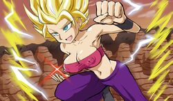 1girls aura bare_shoulders blonde_hair breasts caulifla cleavage darm_engine dragon_ball dragon_ball_super electricity erect_nipples female green_eyes large_breasts light-skinned_female light_skin midriff saiyan short_hair solo_focus spiked_hair spiky_hair super_saiyan super_saiyan_2 tank_top rating:Questionable score:63 user:actionguy