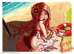 2015 ass beach brown_eyes brown_hair female league_of_legends leona_(league_of_legends) lilith-fetish pool_party_leona pool_party_series squid sunflower swimsuit rating:Questionable score:16 user:OokamiRika