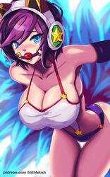 2017 ahri arcade_ahri arcade_series ball_gag blue_eyes bondage breasts cat_ear_headphones cleavage female female_only femsub gag gagged headphones large_breasts league_of_legends lilith-fetish looking_at_viewer panties purple_hair red_ball_gag solo rating:Explicit score:123 user:OokamiRika