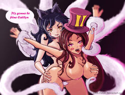 2015 2girls ahri black_hair breasts brown_hair caitlyn_kiramman hat league_of_legends lilith-fetish nipples purple_eyes restrained tail tongue_out yellow_eyes rating:Explicit score:38 user:OokamiRika