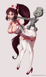 2015 akali_jhomen_tethi amumu arms_behind_back bondage breasts female gag gagged league_of_legends lilith-fetish looking_at_viewer male nipples nurse nurse_akali red_heels restrained rating:Explicit score:68 user:OokamiRika