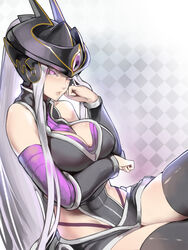 2017 breasts cleavage female female_only helmet kumiko_(aleron) league_of_legends purple_eyes syndra white_hair rating:Questionable score:79 user:OokamiRika