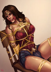 1girls adapted_costume amazon amazonian armor arms_behind_back artist_name bare_arms bare_shoulders bdsm black_hair blue_eyes blush bondage boots bracelet breasts brown_eyes brown_hair censored cleavage clothing costume covered_breasts curvaceous dated dc dc_comics dc_extended_universe diana_prince erect_nipples erect_nipples_under_clothes female female_only femsub footwear fully_clothed gag gagged hips jewelry kachima large_breasts lasso lasso_of_truth legs light-skinned light-skinned_female lips long_hair nipples red_boots red_footwear red_shoes shoes signature simple_background sitting skin_tight skirt solo superhero superheroine thigh_boots thighhighs thighs tiara tied_to_chair tight tight_clothes wonder_woman wonder_woman_(series) rating:Safe score:126 user:DrachenLord