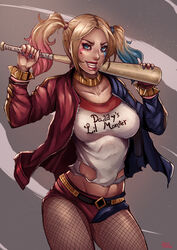 1girls adapted_costume artist_name baseball_bat batman_(series) belly black_legwear black_pantyhose blonde blonde_hair blue_eyes blue_hair bracelet breasts candy censored choker clothes clothes_writing clothing costume covered_breasts cowboy_shot curvaceous dated dc dc_extended_universe denim denim_shorts eating english english_text erect_nipples erect_nipples_under_clothes eyelashes eyeliner eyeshadow facepaint facial_mark female female_only fishnet_legwear fishnets food harley_quinn high_resolution hips holding_object holding_weapon hotpants human jacket jewelry kachima large_breasts legs legwear light-skinned light-skinned_female lips lipstick lollipop long_hair looking_at_viewer makeup mascara midriff multicolored multicolored_clothes multicolored_hair nail_polish navel nipples open_clothes open_jacket pantyhose patreon_reward pink_hair shirt short_shorts shorts signature simple_background skin_tight smile solo spiked_bracelet spikes standing stomach suicide_squad supervillain sweets teeth text thighs tied_hair tight tight_clothes torn_clothes torn_shirt twintails unzipped very_high_resolution villain weapon zipper rating:Safe score:99 user:DrachenLord