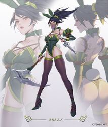 akali ass back_view black_hair brown_eyes bunny_ears bunny_tail bunnysuit citemer female front_view league_of_legends rating:Questionable score:226 user:ugaugaugau12e