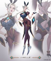 back_view blue_eyes bunny_ears bunny_tail bunnysuit camille_ferros citemer female front_view league_of_legends white_hair rating:Questionable score:244 user:ugaugaugau12e