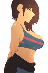 1girls aged_up areolae arms_behind_back bare_shoulders big_breasts breasts brown_hair cleavage closed_eyes clothed clothed_female clothing exposed_breasts female female_frisk female_frisk_(undertale) female_human female_only frisk hand_behind_back hands_behind_back happy human knocker12 large_breasts light_skin long_hair midriff posing shiny_skin short_hair sideboob simple_background smile smiling solo solo_female striped_clothing tank_top undertale undertale_(series) voluptuous white_background rating:Questionable score:243 user:scarecrow123