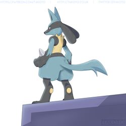  1:1 2018 ambiguous_gender anthro black_body black_fur blue_body blue_fur canid canine digital_media_(artwork) fur generation_4_pokemon lucario male mammal nintendo pokemon pokemon_(species) simple_background solo takoto  rating:safe score: user:bot