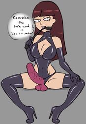 1girls big_breasts bondage_outfit breasts busty cleavage dialogue dildo dominatrix elbow_gloves english_text female female_only femdom femdom_caption gloves high_heel_boots high_heels hourglass_figure imminent_pegging navel nipple_outline rick_and_morty riding_crop safeword solo spread_legs stacy_(rick_and_morty) strap-on thighhighs voluptuous xxxx52 rating:Explicit score:168 user:MrIceMan